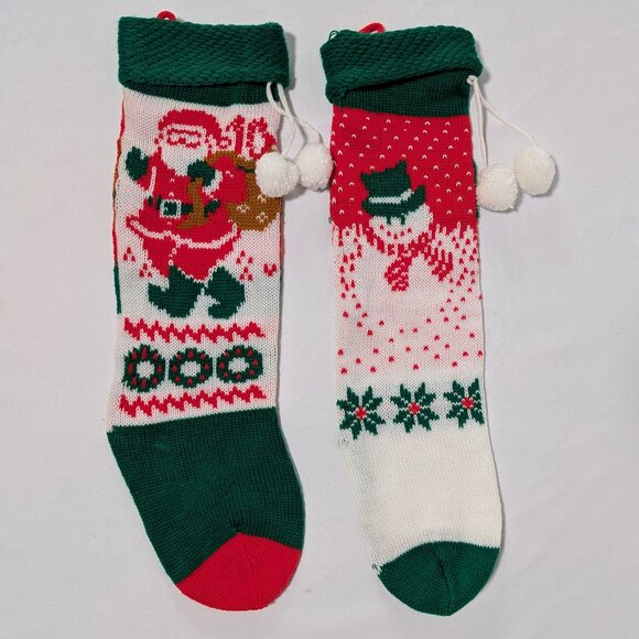 Vintage 2-Pack Christmas Knit Stockings Socks 18" With Pom Poms Santa Snowman - Picture 1 of 2